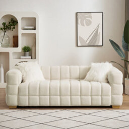 3 Seater Sofa, Teddy Fleece Fabric 210 Cm Loveseat Couch With 2 Pillow For Living Room Bedroom - White - thumbnail 3
