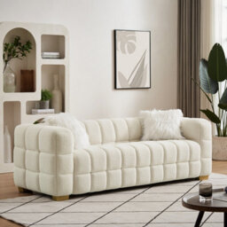 3 Seater Sofa, Teddy Fleece Fabric 210 Cm Loveseat Couch With 2 Pillow For Living Room Bedroom - White - thumbnail 2