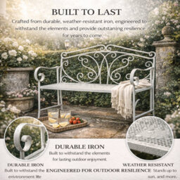 Glamhaus Metal Garden Bench Seat Patio Furniture Foldable Antique White Beautiful Shabby Chic Handmade Vintage (Andalusia) - thumbnail 7