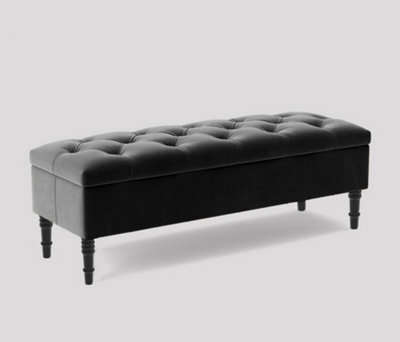 Alyana Ottoman Bench With Storage And Turned Wooden Legs, 90Cm Wide Ottoman Box - Steel Dark Grey Plush Velvet - image 1