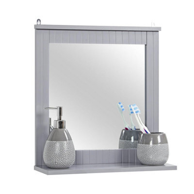 Taylor & Brown Wood Framed Wall-Mounted Bathroom Mirror With Shelf, Hanging Vanity Mirror, For The Living Room And Bathroom, Grey - image 1