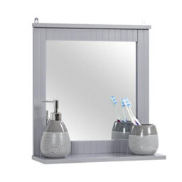 Taylor & Brown Wood Framed Wall-Mounted Bathroom Mirror With Shelf, Hanging Vanity Mirror, For The Living Room And Bathroom, Grey