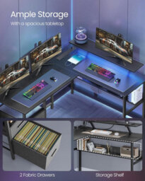 Songmics L-Shaped Desk With Power Outlets, Corner Desk, Computer Desk With Monitor Shelf, Gaming Desk With Led Lights, Ebony Black - thumbnail 6