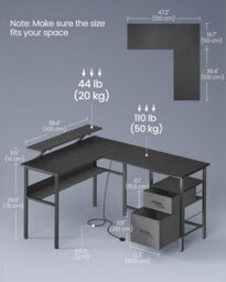 Songmics L-Shaped Desk With Power Outlets, Corner Desk, Computer Desk With Monitor Shelf, Gaming Desk With Led Lights, Ebony Black - thumbnail 2