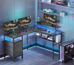 L-Shaped Desk With Power Outlets, Corner Desk, Computer Desk With Monitor Shelf, Gaming Desk With Led Lights, Ebony Black