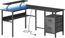 Songmics L-Shaped Desk With Power Outlets, Corner Desk, Computer Desk With Monitor Shelf, Gaming Desk With Led Lights, Ebony Black - thumbnail 8