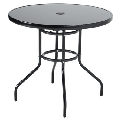 Living And Home Black Round Tempered Glass Top Garden Bistro Dinging Table With Metal Frame And Umbrella Hole Outdoor 80 Cm - image 1