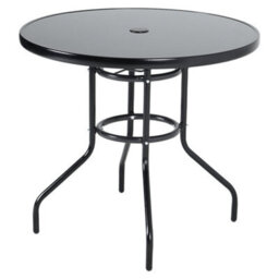 Living And Home Black Round Tempered Glass Top Garden Bistro Dinging Table With Metal Frame And Umbrella Hole Outdoor 80 Cm