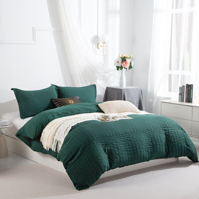 Double Dark Green Washed Cotton Duvet Cover Set 3 Pieces Bedding Ultra Soft Cozy Breathable Durable