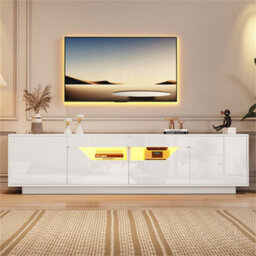 Abrihome Highgloss Tv Stand With Led Lights, Tv Cabinet Storage Sideboard, 2 Doors & 2 Drawers & 2 Open Storage Areas, 180X40X45Cm, White, - thumbnail 1
