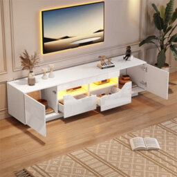 Abrihome Highgloss Tv Stand With Led Lights, Tv Cabinet Storage Sideboard, 2 Doors & 2 Drawers & 2 Open Storage Areas, 180X40X45Cm, White, - thumbnail 8