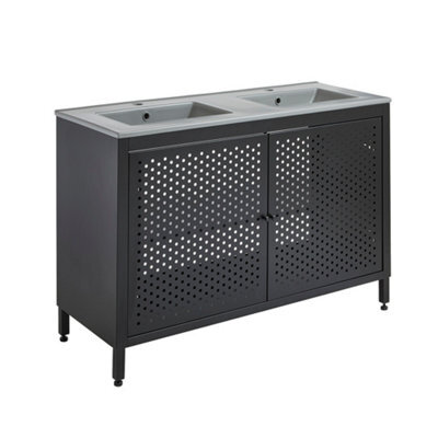 Homestylestore 1212mm Black Metal Floorstanding Bathroom Vanity Unit And Double Pebble Basin - image 1