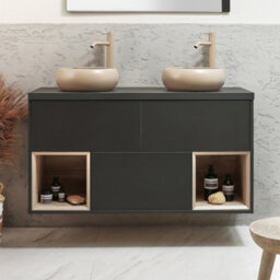 Homestylestore Black Grey 1200mm Led Lit Wall Hung Bathroom Vanity Unit Round Sand Countertop Basins Open Shelves - thumbnail 2