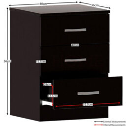 Black 3 Drawer Bedside Chest Of Drawers Cabinet Metal Handles - thumbnail 2