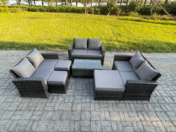 Fimous 7Pc Rattan Sofa Garden Furniture Outdoor Patio Set With 3 Footstools Double Seat Sofa Dark Grey Mixed - thumbnail 2