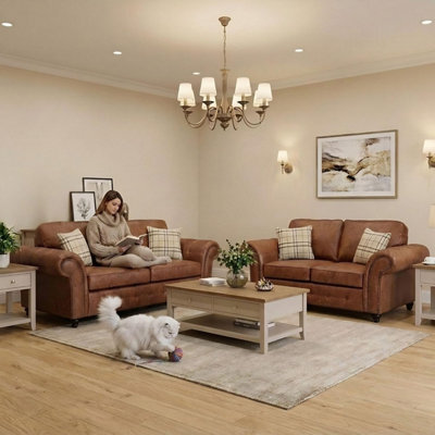 Gamzo Outlet 3+2 Seater Sofa Set Full Back Leather Couch With Strong Wooden Frame And Padded Curved Arms - image 1