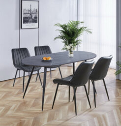 Hallowood Furniture Cullompton Large 160Cm Oval Table, Grey Marble Effect Top, With 4 Black Bonded Leather Dining Chairs
