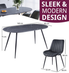 Hallowood Furniture Cullompton Large 160Cm Oval Table, Grey Marble Effect Top, With 4 Black Bonded Leather Dining Chairs - thumbnail 3