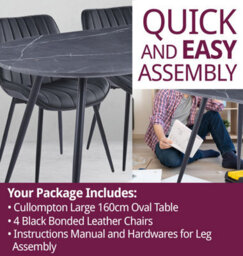 Hallowood Furniture Cullompton Large 160Cm Oval Table, Grey Marble Effect Top, With 4 Black Bonded Leather Dining Chairs - thumbnail 7