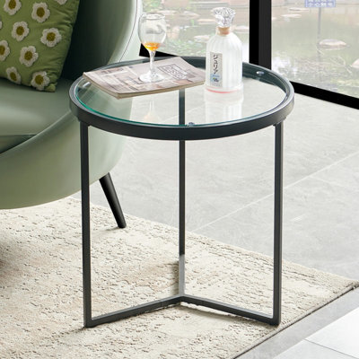 The Furniture Market Monza Round Glass Side Lamp Table, Black Powder Coated Three-Leg Frame, Adjustable Foot Pads, Modern Lamp Table, Living Room - image 1