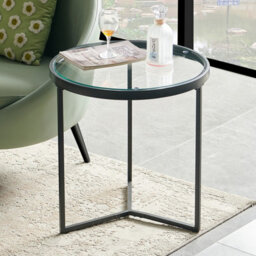 The Furniture Market Monza Round Glass Side Lamp Table, Black Powder Coated Three-Leg Frame, Adjustable Foot Pads, Modern Lamp Table, Living Room
