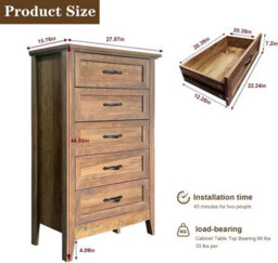 London Boutique Retro Chest Of Drawers, 5 Drawer Bedroom Dresser, Wooden Grain Top, Farmhouse Storage Cabinet, Hallway Unit - thumbnail 3