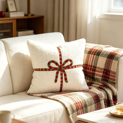 Amorly 45Cm White Bow Pillow Cover, Fluffy Plush Bowknot Pillowcase, No Pillow Insert, Preppy Aesthetic Christmas Decor For Bed, Sofa - image 1