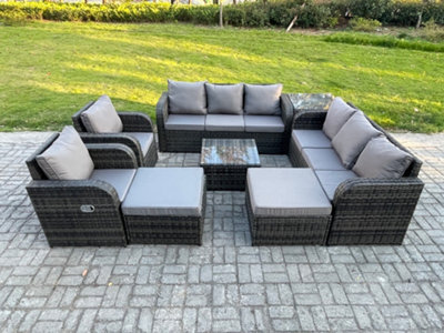 Fimous High Back Rattan Garden Furniture Set With Square Coffee Table 2 Big Footstool Side Table Patio Lounge Sofa Set - image 1