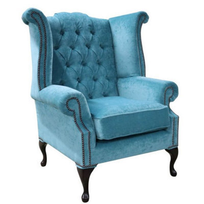 Chesterfield High Back Wing Chair Pimlico Teal Fabric In Queen Anne Style - image 1