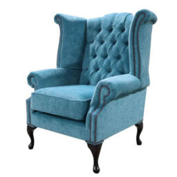 Chesterfield High Back Wing Chair Pimlico Teal Fabric In Queen Anne Style - thumbnail 2