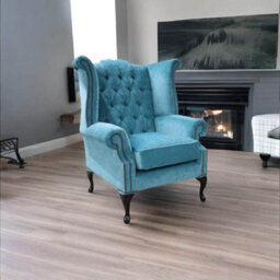 Chesterfield High Back Wing Chair Pimlico Teal Fabric In Queen Anne Style - thumbnail 3