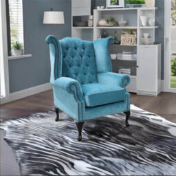 Chesterfield High Back Wing Chair Pimlico Teal Fabric In Queen Anne Style - thumbnail 4