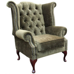 Chesterfield High Back Wing Chair Velluto Moss Green Velvet Fabric In Queen Anne Style - thumbnail 2