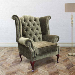 Chesterfield High Back Wing Chair Velluto Moss Green Velvet Fabric In Queen Anne Style - thumbnail 1