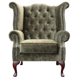 Chesterfield High Back Wing Chair Velluto Moss Green Velvet Fabric In Queen Anne Style - thumbnail 4