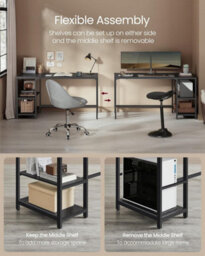 Songmics Computer Desk, Writing Desk With 2 Shelves, Work Table For Office Living Room, Steel Frame, Ebony Black - thumbnail 3