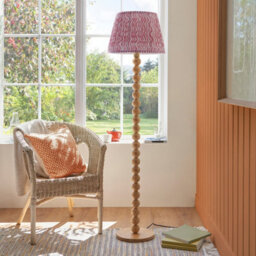 Luminosa Lighting Luminosa Cane Natural Bamboo Floor Lamp With Coral Pink Fabric Ripple Shade 40Cm E27 - thumbnail 3