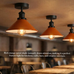 Flush Mount Ceiling Lighting For Kitchen, Bedroom, Living Room Metal  E27 Light Fixtures Orange Cone Lampshade Without Bulb - thumbnail 2
