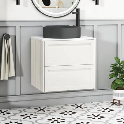 Royal Bathrooms Royal Bathroom Elmore 600mm Classic White Wall Mounted Bathroom Vanity Unit 2 Drawer Plain White Worktop With Art Round Basin - image 1