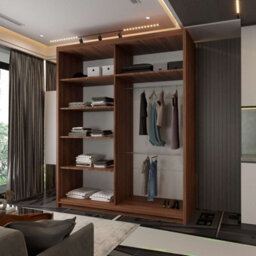 M N Furniture Ltd Wardrobe With Led Light, Sliding Mirror Doors, Shelves, Hanging Rails - Modern Bedroom Cabinet (Walnut,150Cm) - thumbnail 2
