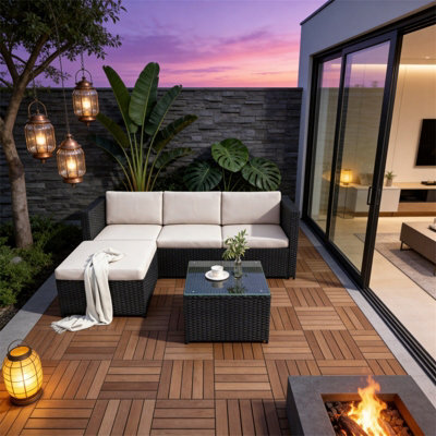 Fenchilin Garden Corner Sofa Set Rattan Patio Furniture L-Shaped Sofa With Table Lounge Set Black/white - image 1