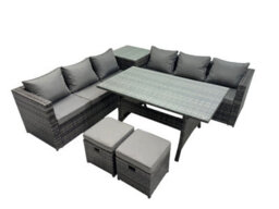 Fimous 8 Seater Outdoor Corner Sofa Dining Table Set Garden Rattan Furniture Set With Side Table 2 Small Stools Dark Grey - thumbnail 1