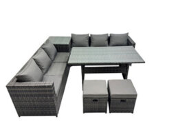 Fimous 8 Seater Outdoor Corner Sofa Dining Table Set Garden Rattan Furniture Set With Side Table 2 Small Stools Dark Grey - thumbnail 2