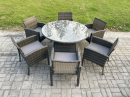 Fimous Wicker Pe Outdoor Rattan Garden Furniture Arm Chair And Table Dining Sets 6 Seater Large Round Table Dark Grey Mixed - thumbnail 2