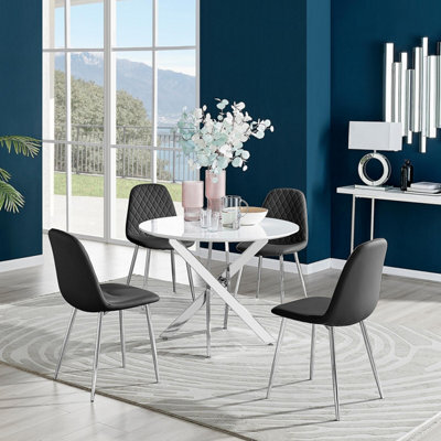 Furniturebox Uk Novara White High Gloss Round Dining Table & 4 Black Corona Silver Chairs - image 1