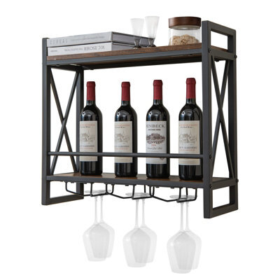 Costway Industrial 2-Tier Wine Rack Wall Mounted Wine Storage Shelf W/3 Glass Holders - image 1