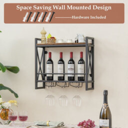 Costway Industrial 2-Tier Wine Rack Wall Mounted Wine Storage Shelf W/3 Glass Holders - thumbnail 8