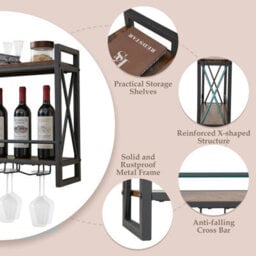 Costway Industrial 2-Tier Wine Rack Wall Mounted Wine Storage Shelf W/3 Glass Holders - thumbnail 9