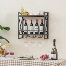 Costway Industrial 2-Tier Wine Rack Wall Mounted Wine Storage Shelf W/3 Glass Holders - thumbnail 3