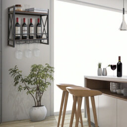 Costway Industrial 2-Tier Wine Rack Wall Mounted Wine Storage Shelf W/3 Glass Holders - thumbnail 4